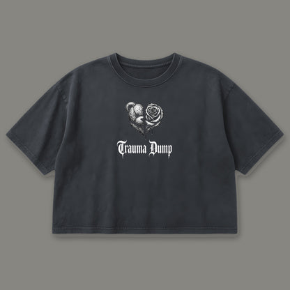Trauma Dump Cropped Baby Tee in black, front view