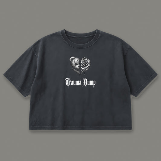 Trauma Dump Cropped Baby Tee in black, front view