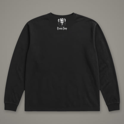 Trauma Dump Long Sleeve Tee in black, back view with doll portrait logo under the collar