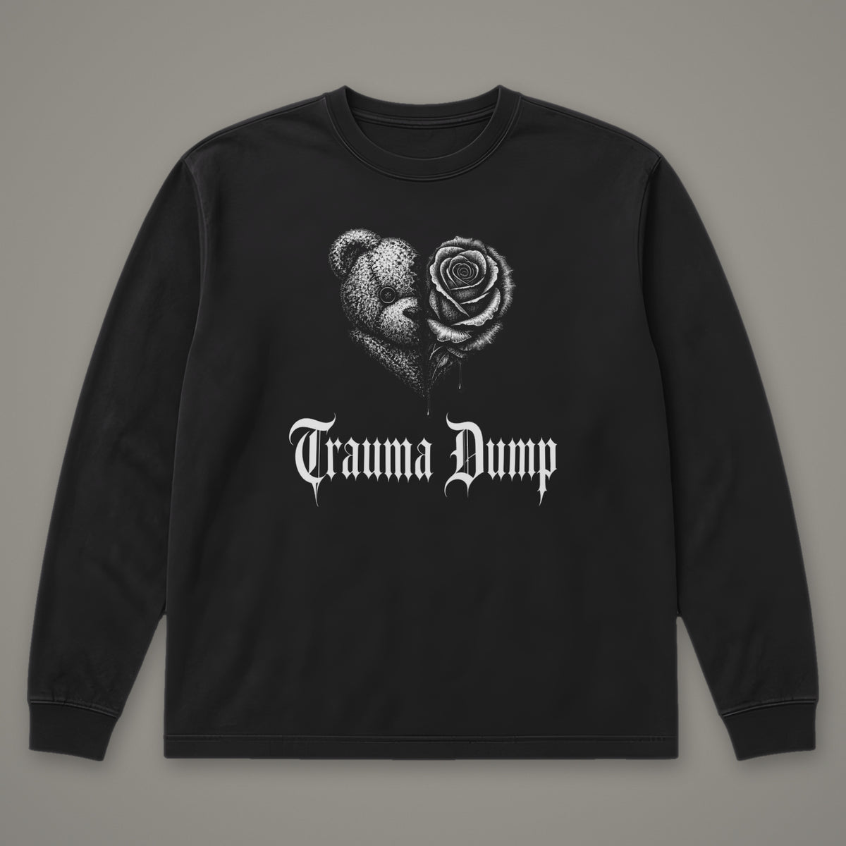 Trauma Dump Long Sleeve Tee in black, front view (Black, white ink)