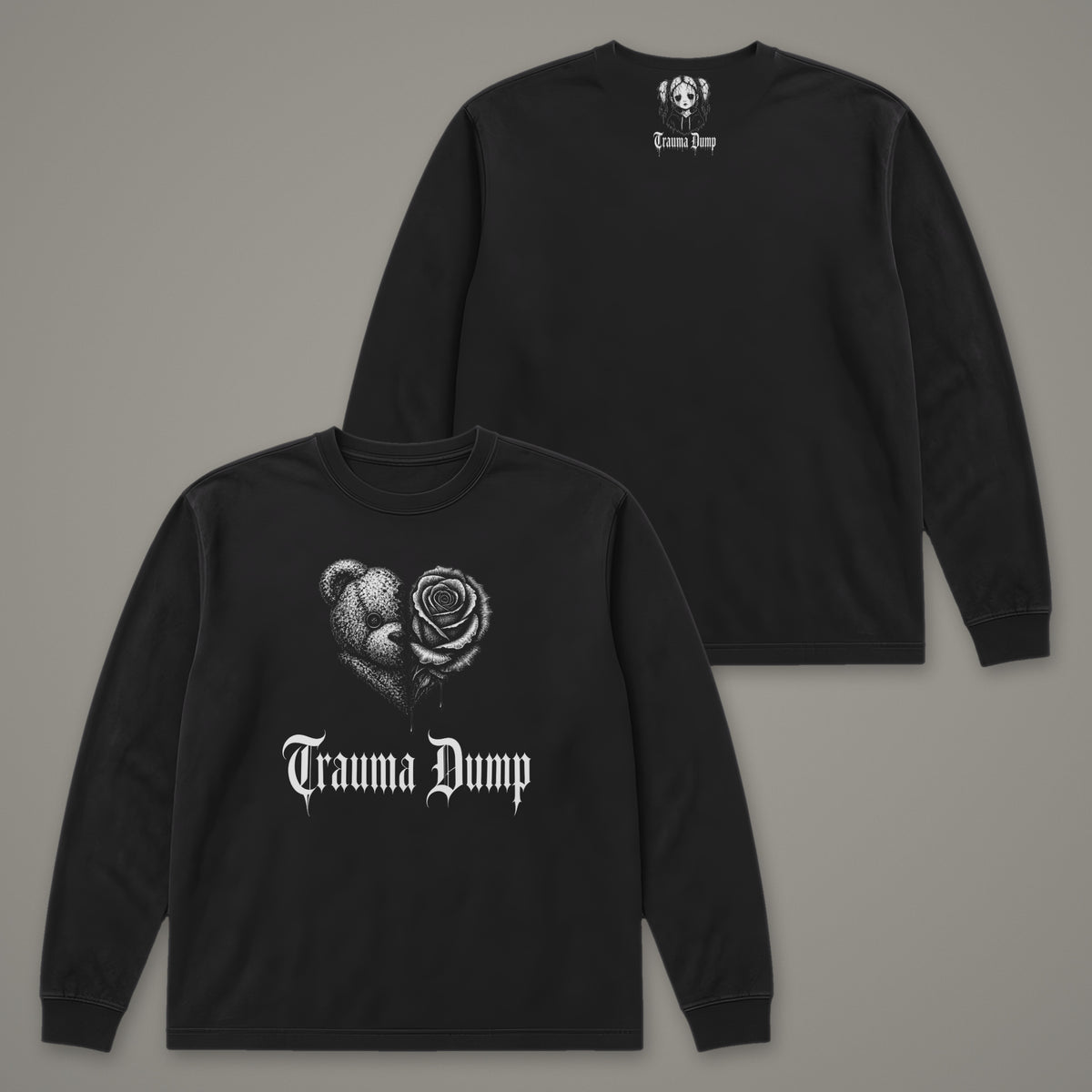 Trauma Dump Long Sleeve Tee in black, front and back view