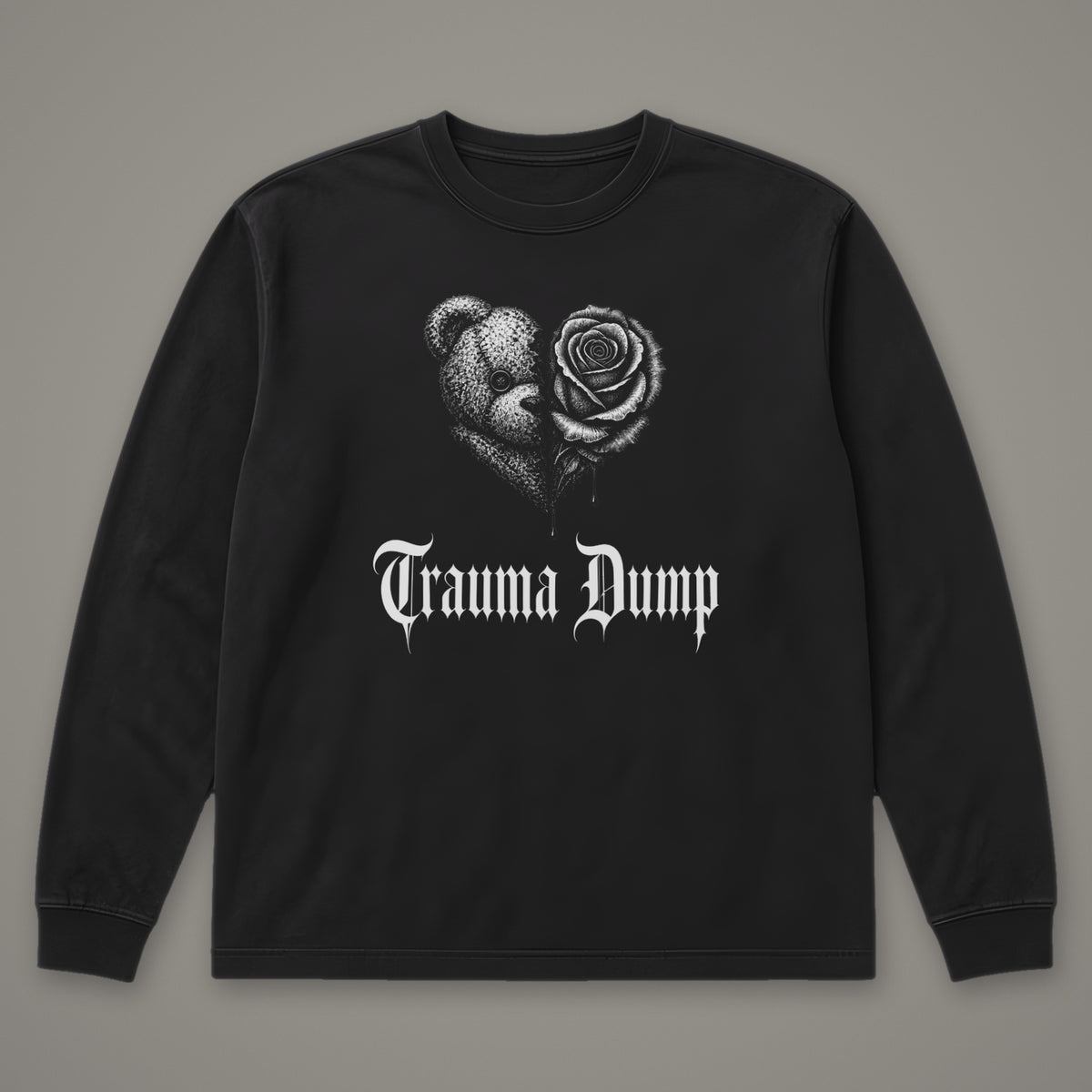 Trauma Dump Long Sleeve Tee in black, front view