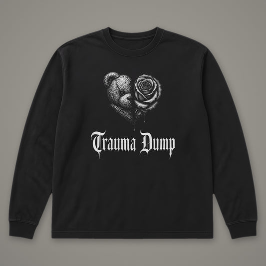 Trauma Dump Long Sleeve Tee in black, front view