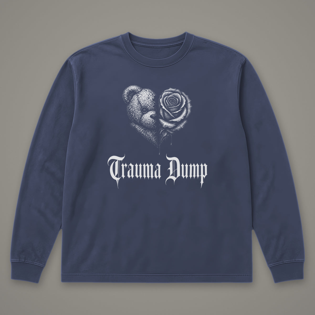 Trauma Dump Long Sleeve Tee in navy, front view (Navy, white ink)