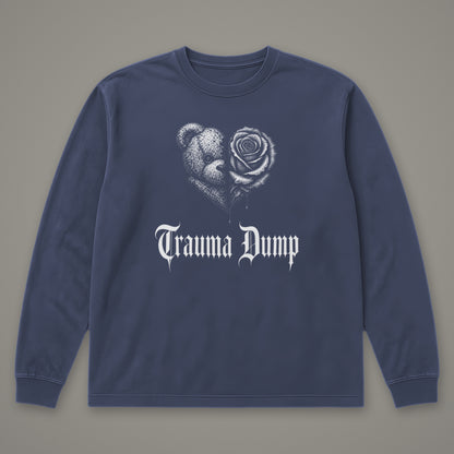 Trauma Dump Long Sleeve Tee in navy, front view (Navy, white ink)