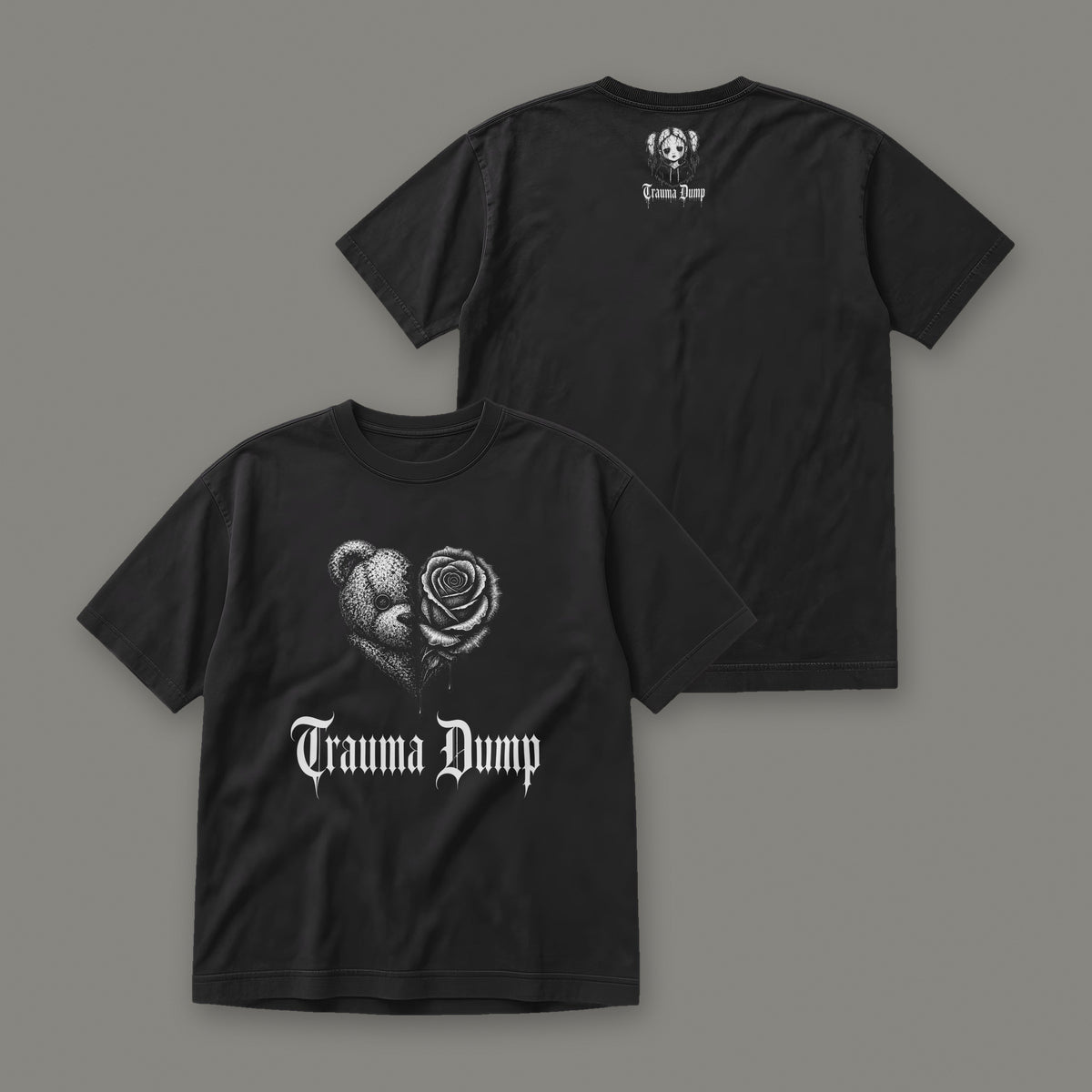Trauma Dump Men's Heavyweight Tee by Trauma Dump, front and back view of black goth tee (Black, white ink)