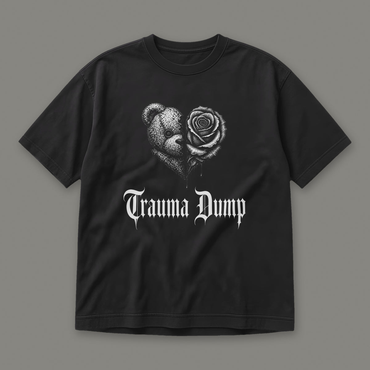 Trauma Dump Men's Heavyweight Tee in black by Trauma Dump, dripping broken heart tattoo-style gothic graphic (Black, white ink)