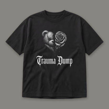 Trauma Dump Men's Heavyweight Tee in black by Trauma Dump, dripping broken heart tattoo-style gothic graphic (Black, white ink)