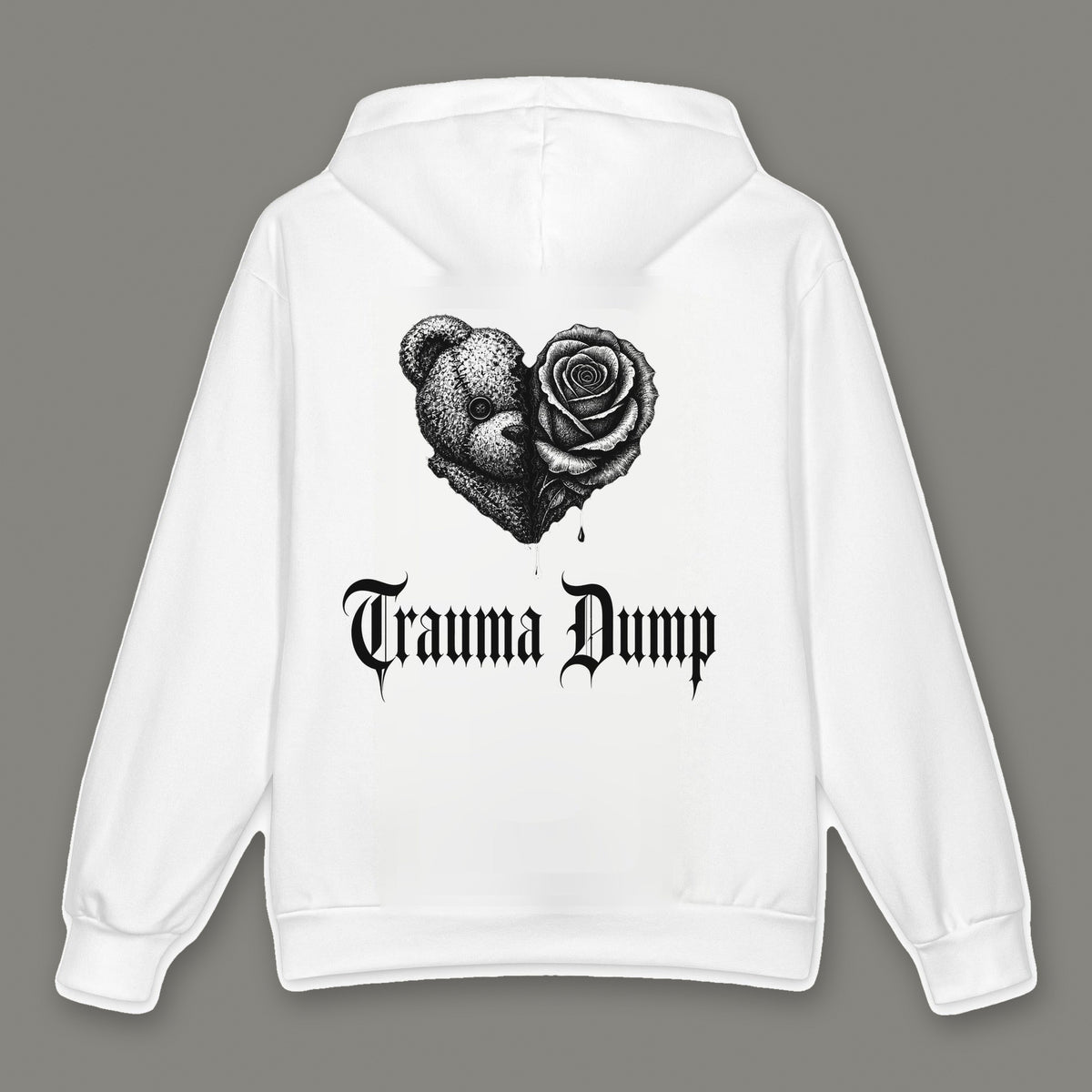Trauma Dump Oversized Cotton Hoodie by Trauma Dump, white oversized grunge hoodie back with bear and rose broken heart print, mockup view 2