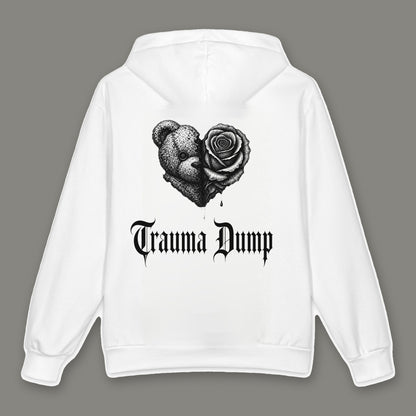 Trauma Dump Oversized Cotton Hoodie by Trauma Dump, white oversized grunge hoodie back with bear and rose broken heart print, mockup view 2