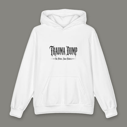 Trauma Dump Oversized Cotton Hoodie by Trauma Dump, white oversized grunge hoodie front with Trauma Dump No Filter Just Fabric wordmark, mockup view 3