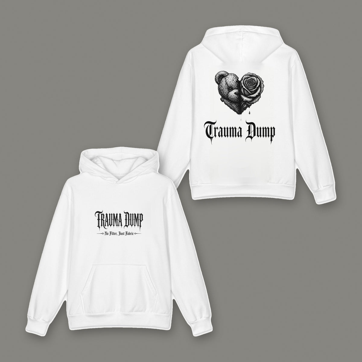 Trauma Dump Oversized Cotton Hoodie in white by Trauma Dump, bear and rose broken heart tattoo-style gothic graphic