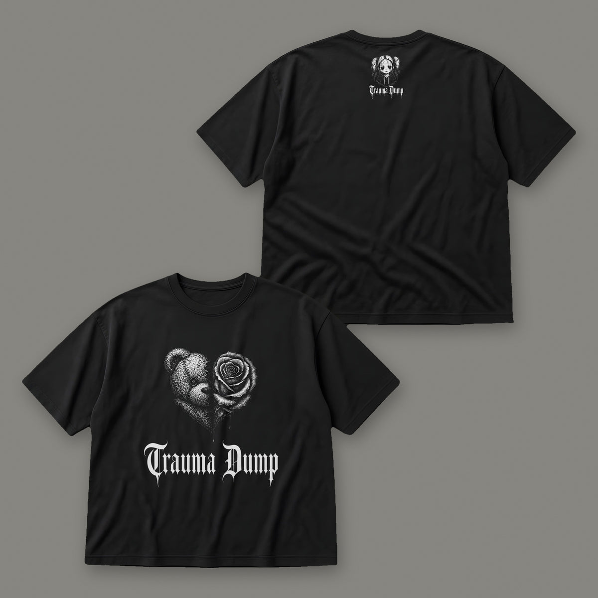 Trauma Dump Men's Oversized Tee by Trauma Dump, front and back view of black goth tee