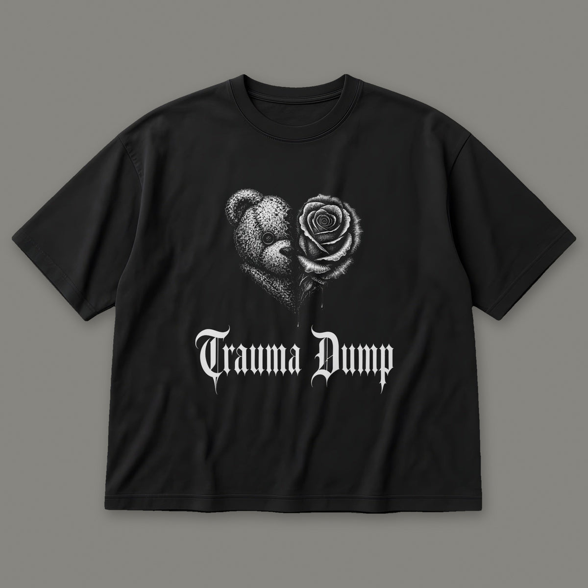 Trauma Dump Men's Oversized Tee in black by Trauma Dump, dripping broken heart tattoo-style gothic graphic