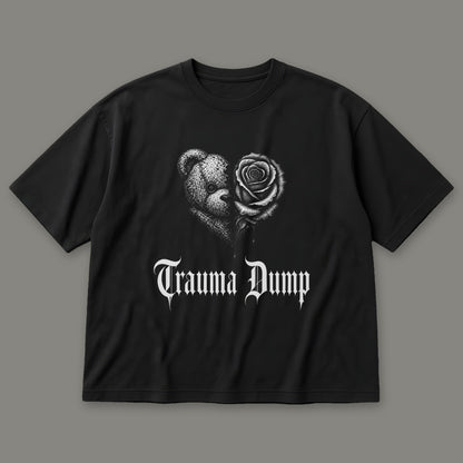 Trauma Dump Men's Oversized Tee in black by Trauma Dump, dripping broken heart tattoo-style gothic graphic