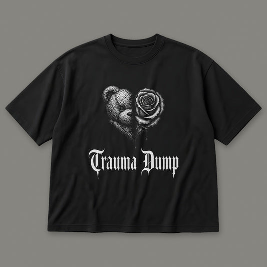 Trauma Dump Men's Oversized Tee in black by Trauma Dump, dripping broken heart tattoo-style gothic graphic