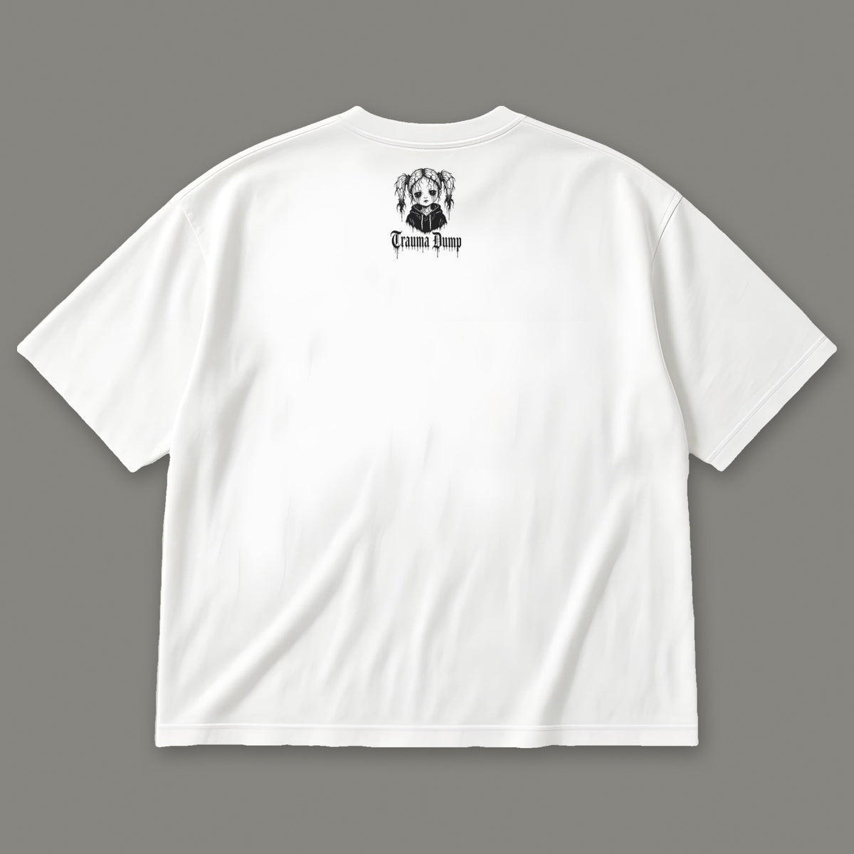 Trauma Dump Men's Oversized Tee - White by Trauma Dump, oversized goth tee back view with black TD doll logo under the collar