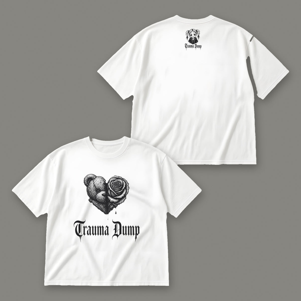 Trauma Dump Men's Oversized Tee - White by Trauma Dump, front and back view of white goth tee with black ink