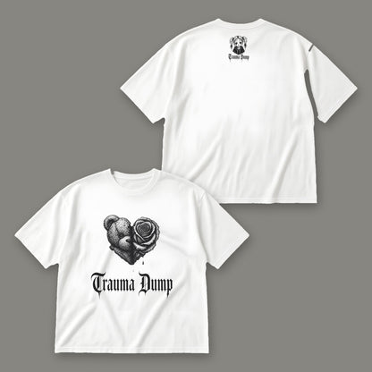 Trauma Dump Men's Oversized Tee - White by Trauma Dump, front and back view of white goth tee with black ink