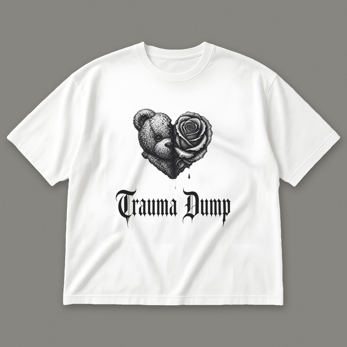 Trauma Dump Men's Oversized Tee in white by Trauma Dump, dripping broken heart tattoo-style gothic graphic in black ink