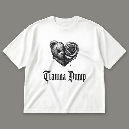 Trauma Dump Men's Oversized Tee in white by Trauma Dump, dripping broken heart tattoo-style gothic graphic in black ink