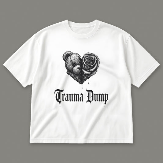 Trauma Dump Men's Oversized Tee in white by Trauma Dump, dripping broken heart tattoo-style gothic graphic in black ink