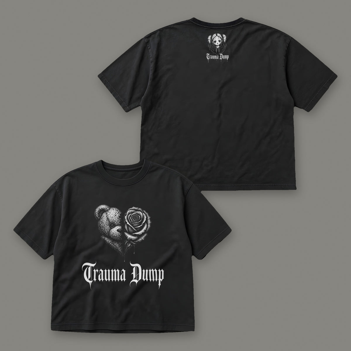 Trauma Dump Women's Boxy Tee by Trauma Dump, front and back view of black goth tee
