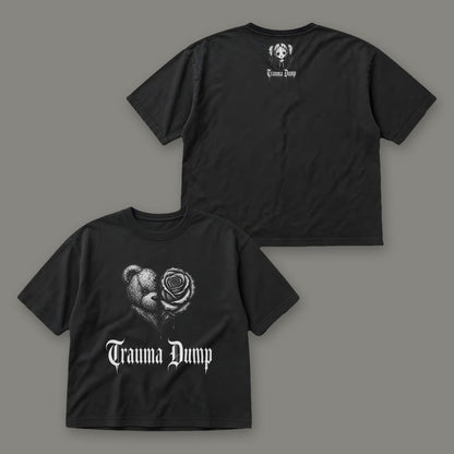 Trauma Dump Women's Boxy Tee by Trauma Dump, front and back view of black goth tee
