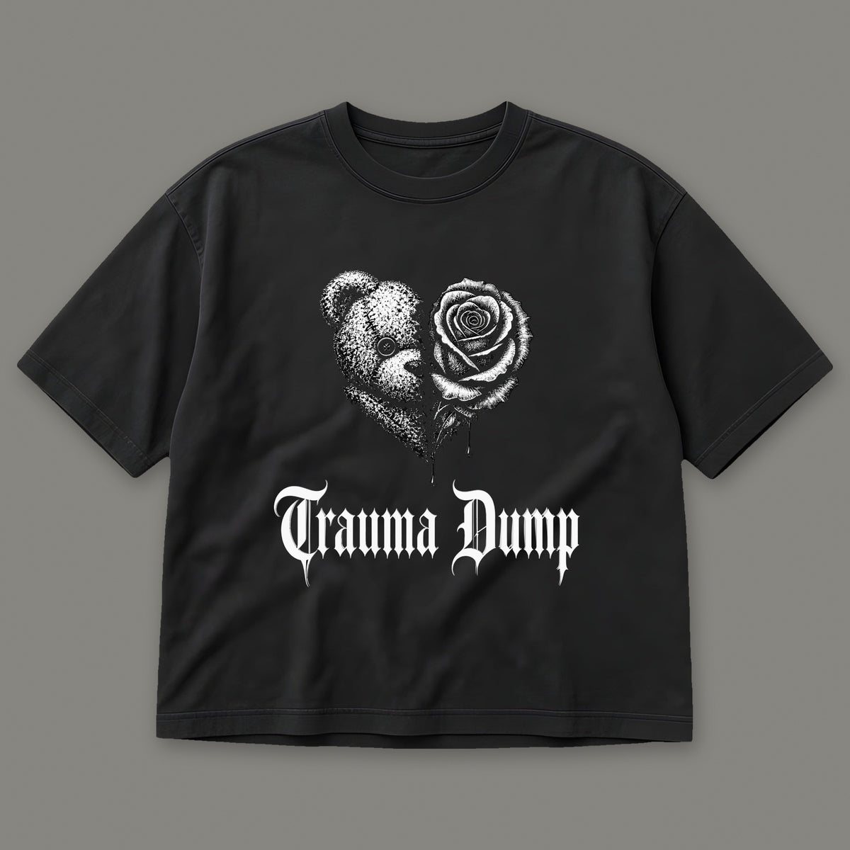 Trauma Dump Women's Boxy Tee in black by Trauma Dump, dripping broken heart tattoo-style gothic graphic