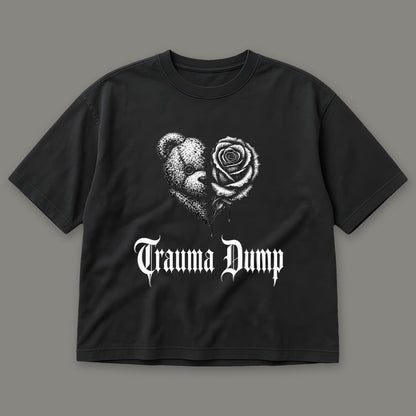 Trauma Dump Women's Boxy Tee in black by Trauma Dump, dripping broken heart tattoo-style gothic graphic