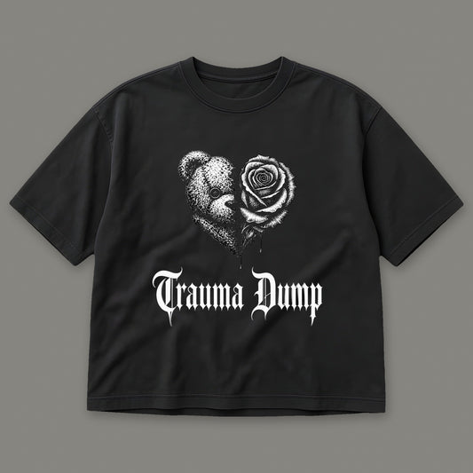 Trauma Dump Women's Boxy Tee in black by Trauma Dump, dripping broken heart tattoo-style gothic graphic