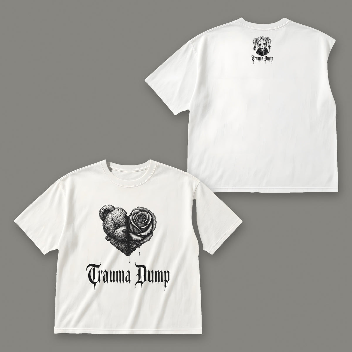 Trauma Dump Women's Boxy Tee - White by Trauma Dump, front and back view of white goth tee with black ink