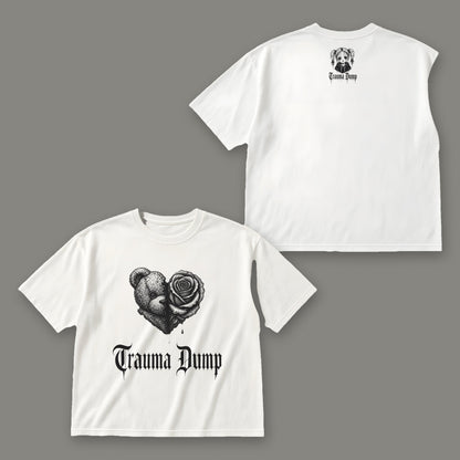 Trauma Dump Women's Boxy Tee - White by Trauma Dump, front and back view of white goth tee with black ink