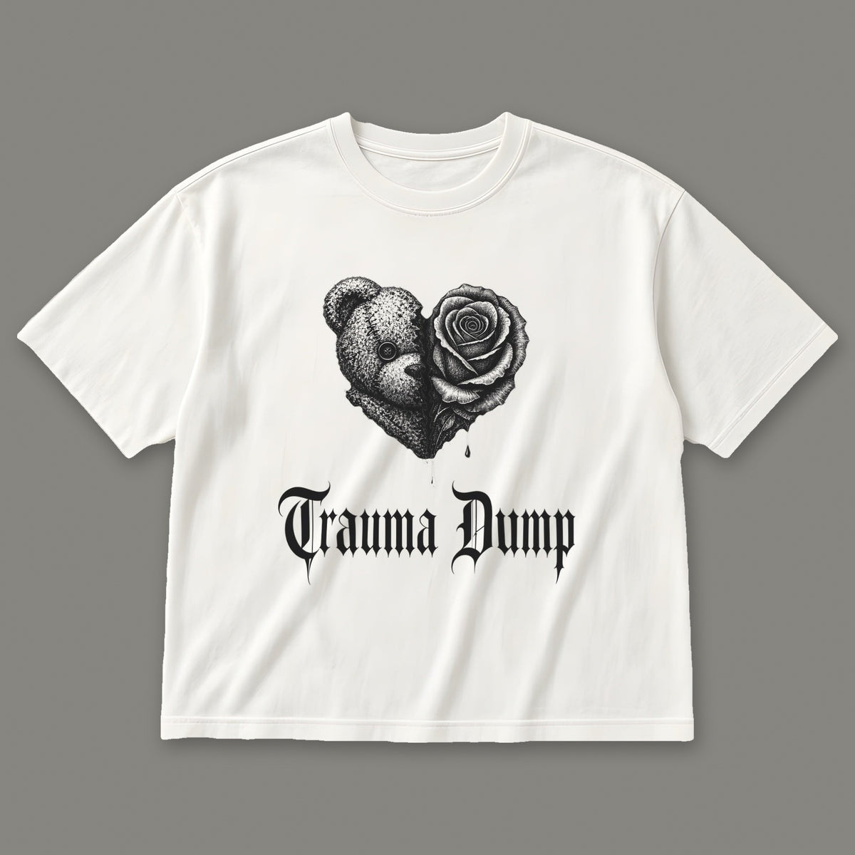 Trauma Dump Women's Boxy Tee in white by Trauma Dump, dripping broken heart tattoo-style gothic graphic in black ink