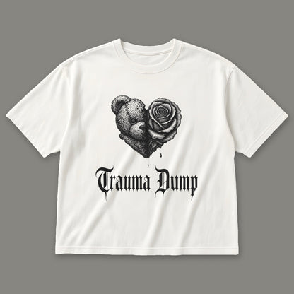 Trauma Dump Women's Boxy Tee in white by Trauma Dump, dripping broken heart tattoo-style gothic graphic in black ink