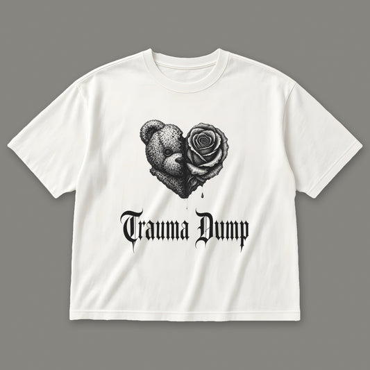 Trauma Dump Women's Boxy Tee in white by Trauma Dump, dripping broken heart tattoo-style gothic graphic in black ink