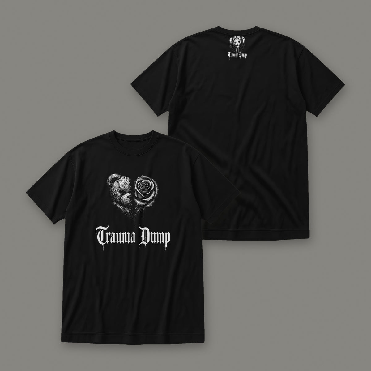 Trauma Dump Women's Relaxed Tee by Trauma Dump, front and back view of black goth tee (Black, white ink)