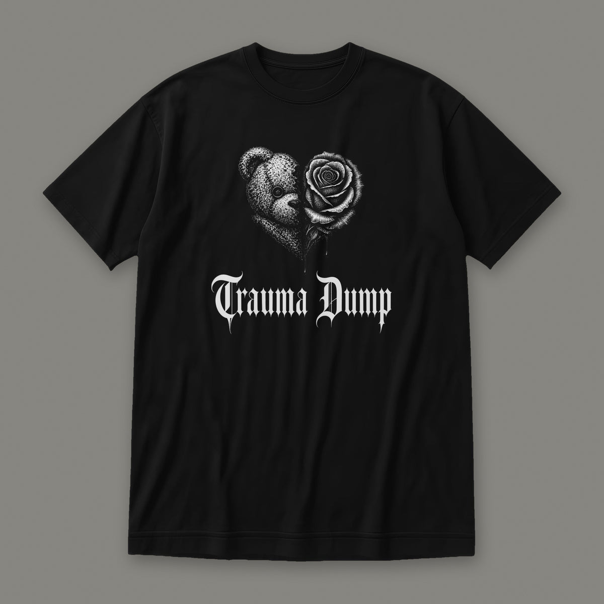 Trauma Dump Women's Relaxed Tee in black by Trauma Dump, dripping broken heart tattoo-style gothic graphic (Black, white ink)