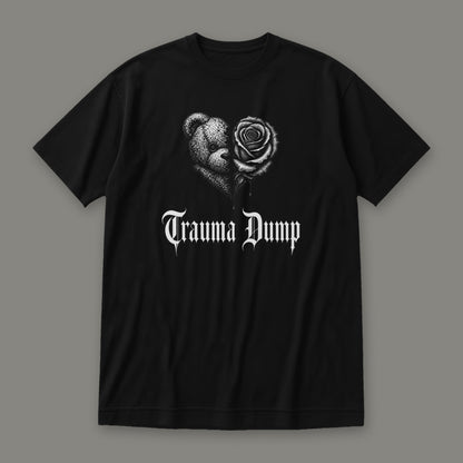 Trauma Dump Women's Relaxed Tee in black by Trauma Dump, dripping broken heart tattoo-style gothic graphic (Black, white ink)