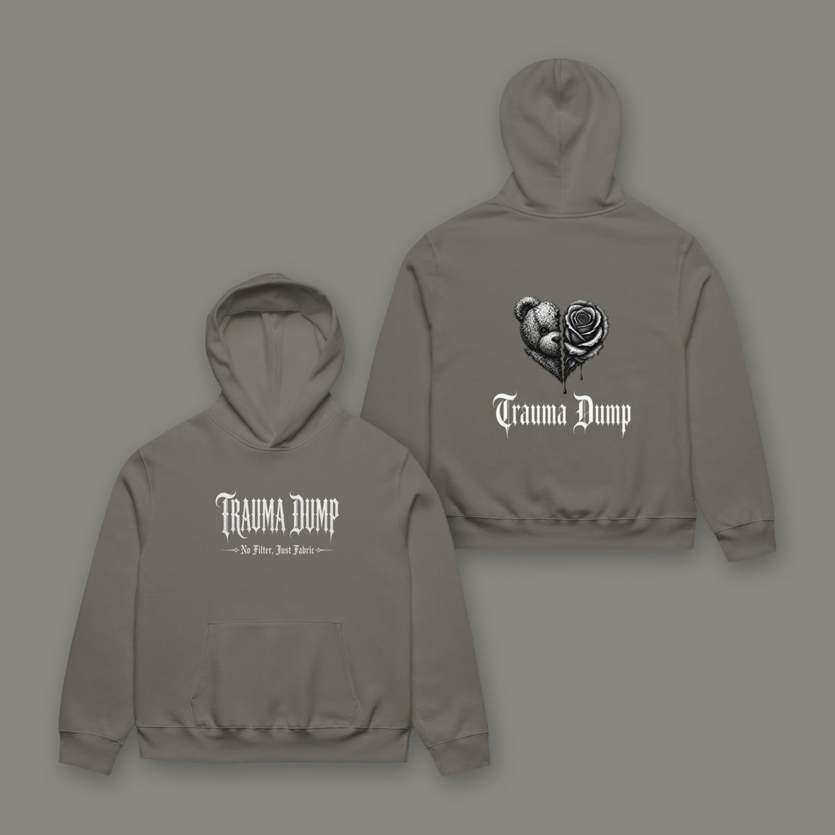Trauma Dump Oversized Heavyweight Hoodie in asphalt black by Trauma Dump, broken heart tattoo-style gothic graphic (Asphalt, white ink)
