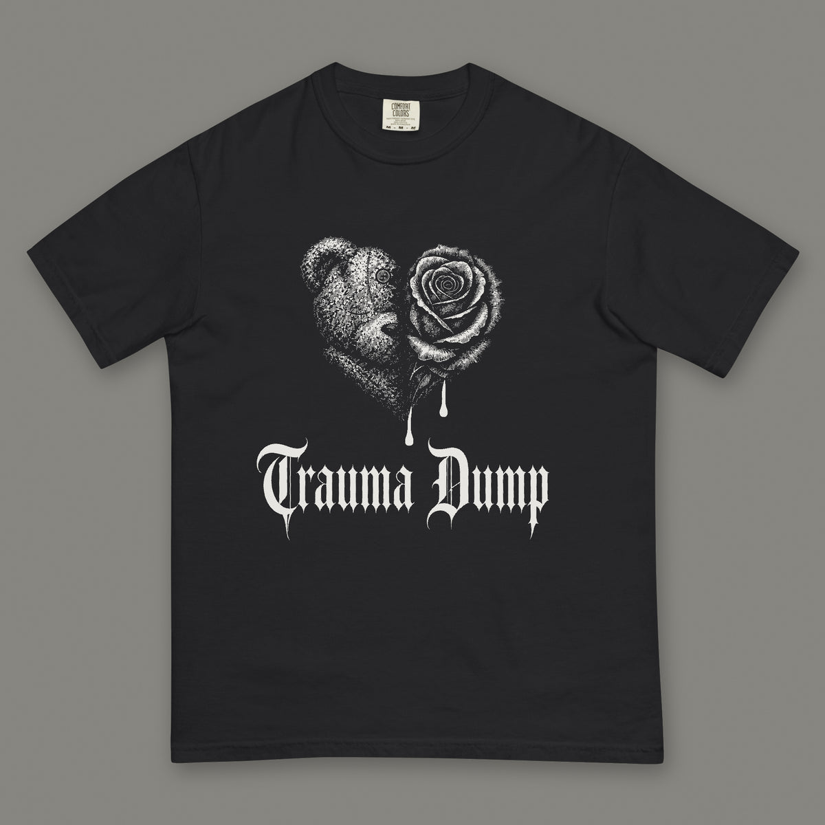 Trauma Dump Men's Heavyweight Tee in black by Trauma Dump, dripping broken heart tattoo-style gothic graphic in white ink (Black, white ink)