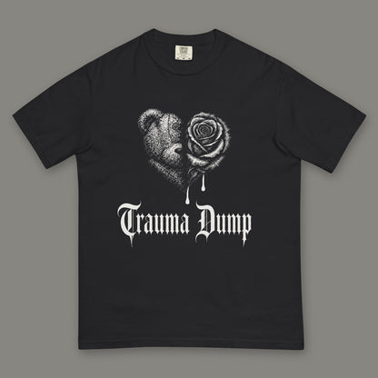 Trauma Dump Men's Heavyweight Tee in black by Trauma Dump, dripping broken heart tattoo-style gothic graphic in white ink (Black, white ink)