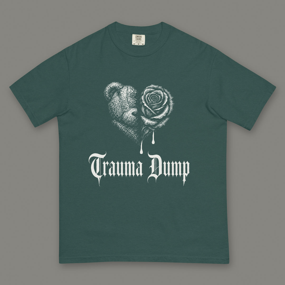 Trauma Dump Men's Heavyweight Tee in blue spruce by Trauma Dump, dripping broken heart tattoo-style gothic graphic in white ink (Blue Spruce, white ink)