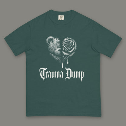 Trauma Dump Men's Heavyweight Tee in blue spruce by Trauma Dump, dripping broken heart tattoo-style gothic graphic in white ink (Blue Spruce, white ink)