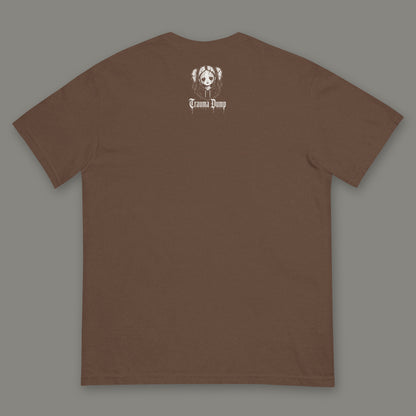 Trauma Dump Men's Heavyweight Tee in espresso by Trauma Dump, men's heavyweight tee goth tee back view with TD doll logo under the collar in white ink (Espresso, White ink)