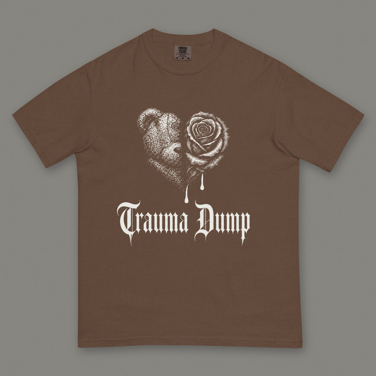 Trauma Dump Men's Heavyweight Tee in espresso by Trauma Dump, dripping broken heart tattoo-style gothic graphic in white ink (Espresso, white ink)
