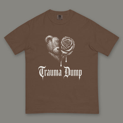 Trauma Dump Men's Heavyweight Tee in espresso by Trauma Dump, dripping broken heart tattoo-style gothic graphic in white ink (Espresso, white ink)