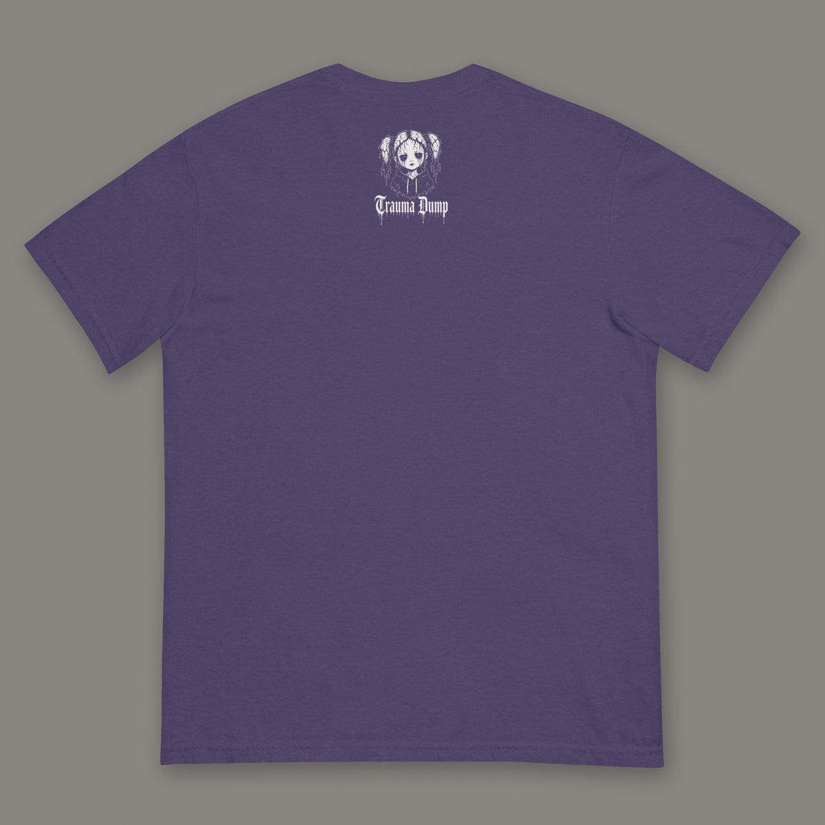 Trauma Dump Men's Heavyweight Tee in grape by Trauma Dump, men's heavyweight tee goth tee back view with TD doll logo under the collar in white ink (Grape, White ink)