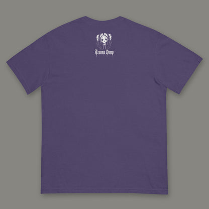 Trauma Dump Men's Heavyweight Tee in grape by Trauma Dump, men's heavyweight tee goth tee back view with TD doll logo under the collar in white ink (Grape, White ink)