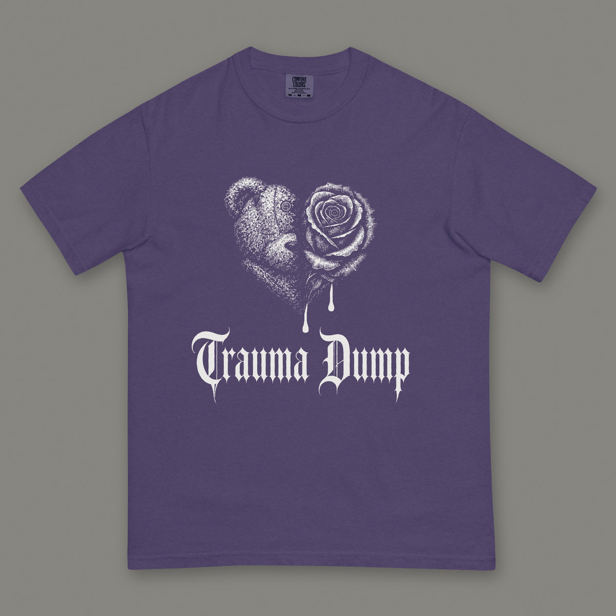 Trauma Dump Men's Heavyweight Tee in grape by Trauma Dump, dripping broken heart tattoo-style gothic graphic in white ink (Grape, white ink)